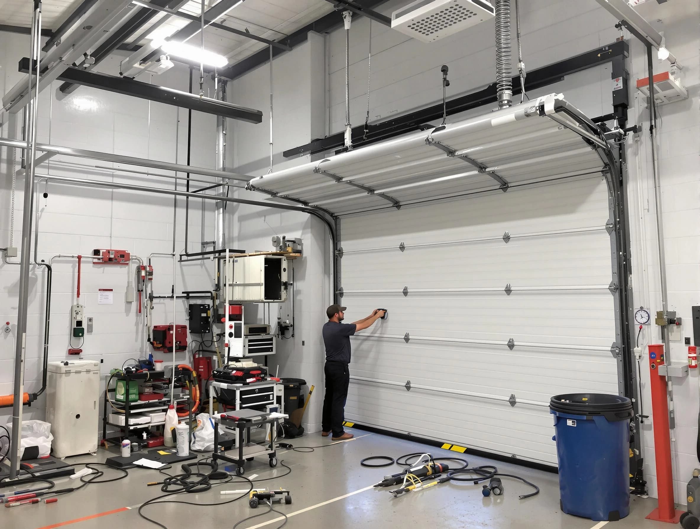Clarkstown Garage Door Repair certified technician performing commercial door repair at a Clarkstown business facility