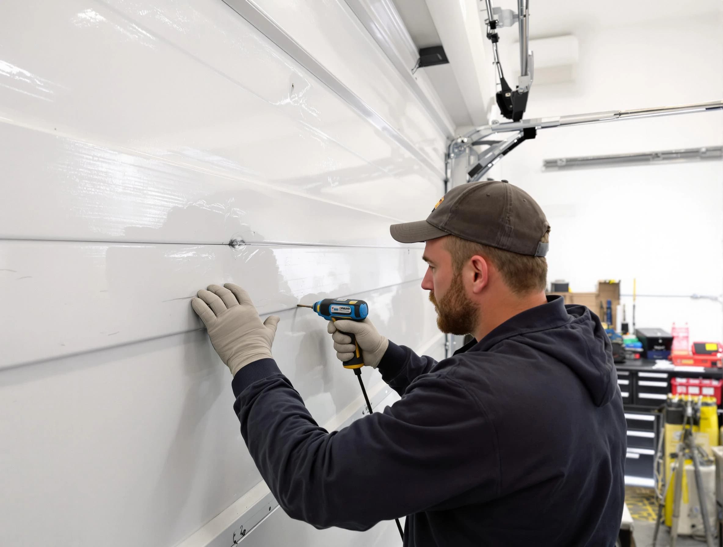 Clarkstown Garage Door Repair technician demonstrating precision dent removal techniques on a Clarkstown garage door