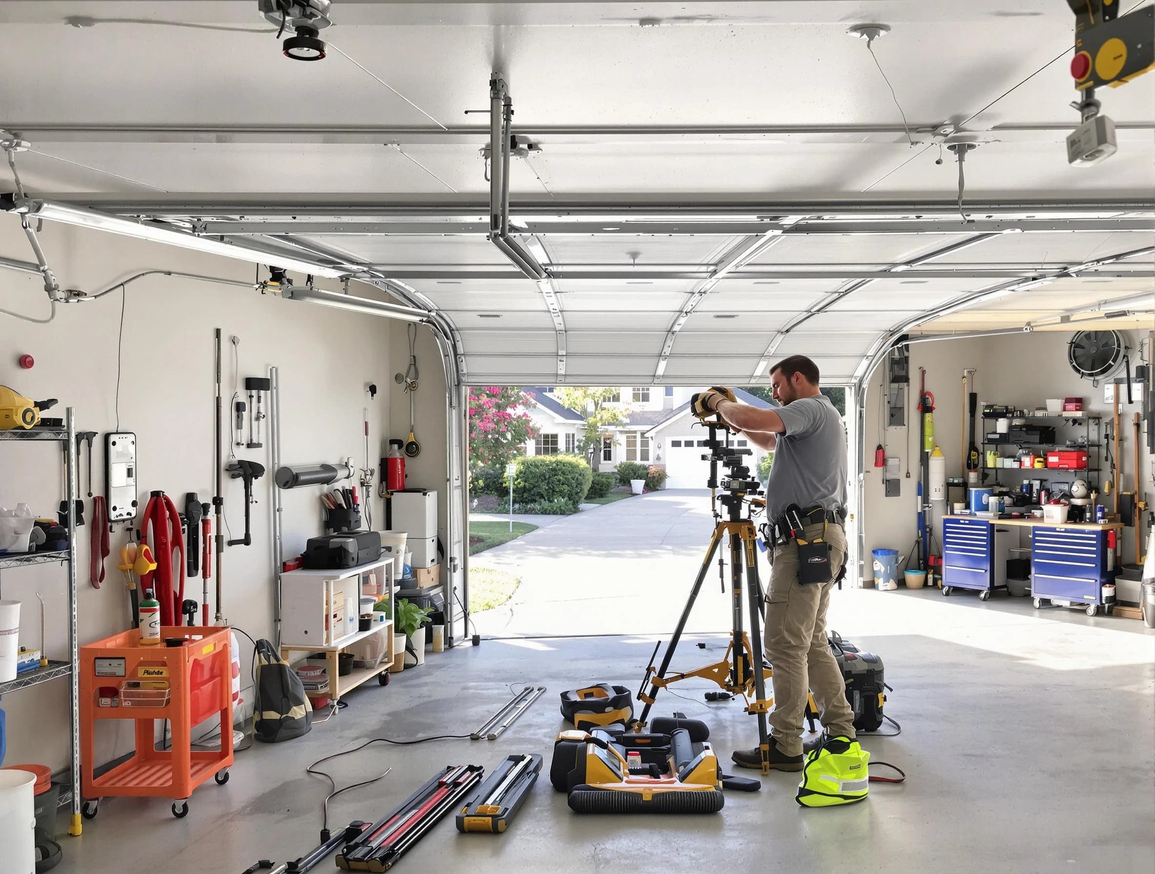 Clarkstown Garage Door Repair specialist performing laser-guided track alignment in Clarkstown